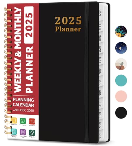 2025 Planner - Weekly and Monthly Planner Spiral Bound, January 2025, Hardcover 2025 Calendar Planner Book with Tabs, Inner Pocket, Perfect for Office Home School Supplies - A5 (6.3" x 8.5"), Black