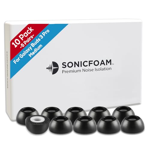 SONICFOAM Memory Foam Earbud Tips - Premium Noise Isolation, Replacement Foam Ear Tips, 10 Pack for Buds 3 Pro (Buds 3 Pro Medium, Black)