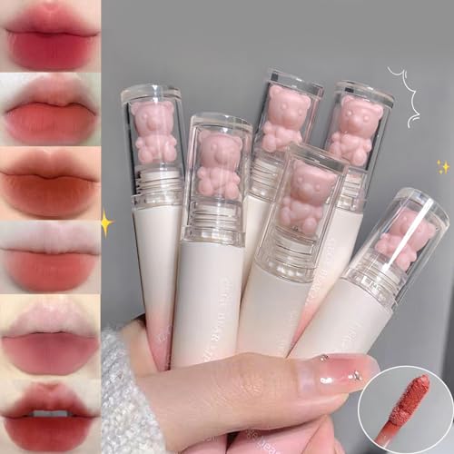 DENESTUP 6pcs Pink Bear Matte Lip Gloss, Cute Bear Liquid Lipstick Lip Stain Long Lasting Waterproof Smooth Lip Gloss Lip Glaze Mud Texture Lightweight High Pigment Color Makeup