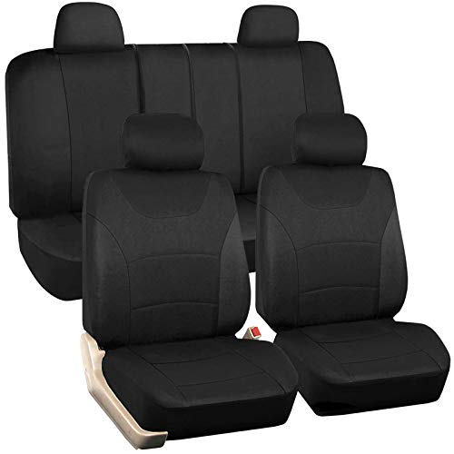 Black Car Seat Covers Full Set, 9 Pcs Combo Cloth Seat Cover with Steering Wheel Cover and Seat Belt Pad, Universal fit for Sedan/SUV/Pick up Truck