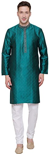 Poly Silk Men's Kurta Pajama India Clothing Wedding Party Wear (Green, L)