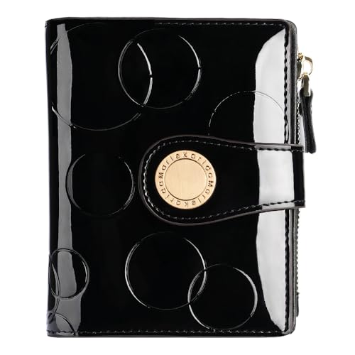 Marlekarida Fashionable genuine leather women's wallet, multiple card slots, short three fold style, zipper and snap closure, RFID shielding protection credit card clip, foldable wallet (Black)