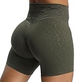 Aoxjox Trinity Workout Biker Shorts for Women Tummy Control High Waisted Exercise Athletic Gym Running Yoga Short 6" (Olive Green Leopard Print, Small)