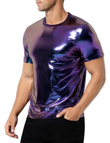 Arjen Kroos Men's Sexy Shiny Metallic T-Shirts Short Sleeve Sparkly Shirts Disco Holographic Tops,Purple,Large