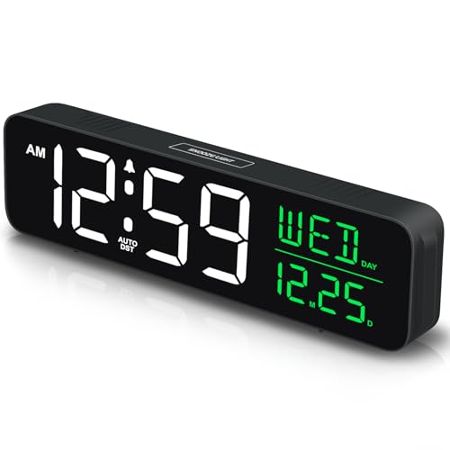 Peakeep Large Display Digital Alarm Clock for Bedrooms, Date Day of Week Temp Desk Table Clocks for Living Room Office, Dimmable Plug in Electric Clock, 5 Volumes, Loud, Auto DST