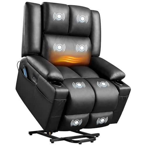 Yaheetech Large Electric Power Lift Recliner Chair, PU Leather Massage Chair with Heat and USB Port for Elderly, Ergonomic Lounge Chair with 2 Cup Holders Side Pockets, Overstuffed Wide Single Sofa