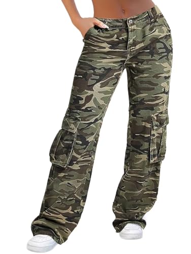 Flamingals Cargo Pants for Women Baggy Wide Leg Mid Waist Causal Y2K Pants with Pockets Army Green L