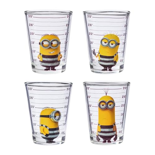 Silver Buffalo Minions Despicable Me Mug Shot Featuring Bob, Stuart, Tim, and Dave 4 Pack Mini Glass Set, 1.5 Ounces