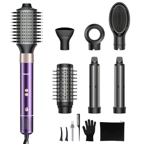 Vincofy 7 in 1 Blow Dryer Brush and Hair Dryer, Hot Hair Styler with Negative Ion 110,000 RPM Hair Straightener Brush for Fast Drying Straightening Curling Voluming, Suitable for All Hair Types,Purple