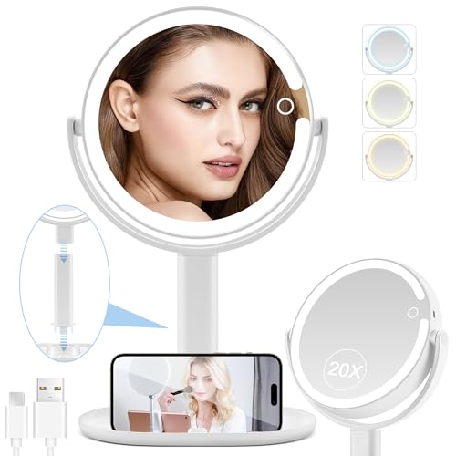 MIYADIVA Lighted Makeup Mirror, 20X Magnifying Mirror with Light and Adjustable Brightness, Vanity Mirror with 3 Color Light, 2-Sided Mirror for Desk, Detachable Travel Makeup Mirror with Light 8.8IN