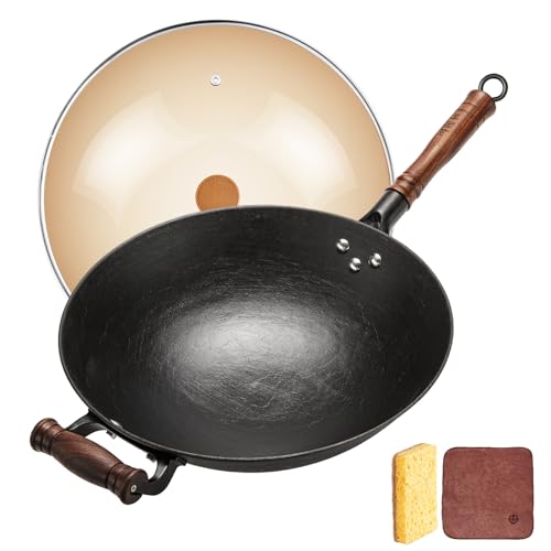 WANGYUANJI 14.17-Inch Cast Iron Chinese Wok with Round Bottom & Glass Lid - Traditional Chinese Wok for Gas Stove and Open Flame Cooking