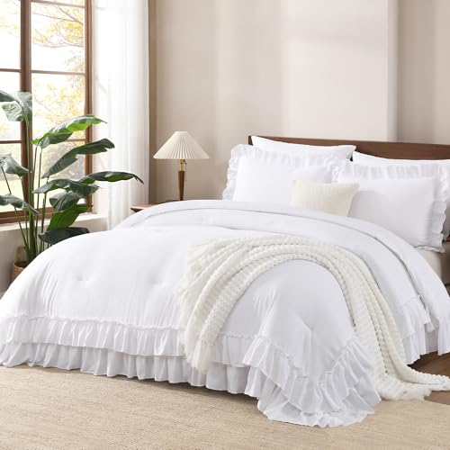 Andency White Ruffle Comforter Set King, Shabby Chic Farmhouse Bedding Comforter, Soft Lightweight Fluffy Microfiber Bet Set All Season 3 Pieces Solid Comforter Set