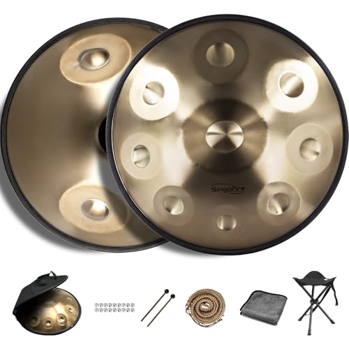 New Upgrad Dual-Faced Scale 12-Notes Handpan Drum, Handpan Drums for Adults, 440Hz D Minor Kurd Handpan, 10-Note Scale on Top, 2-Note Scale on Bottom, Beginner Handpan Drum (Gold, 22 Inch)
