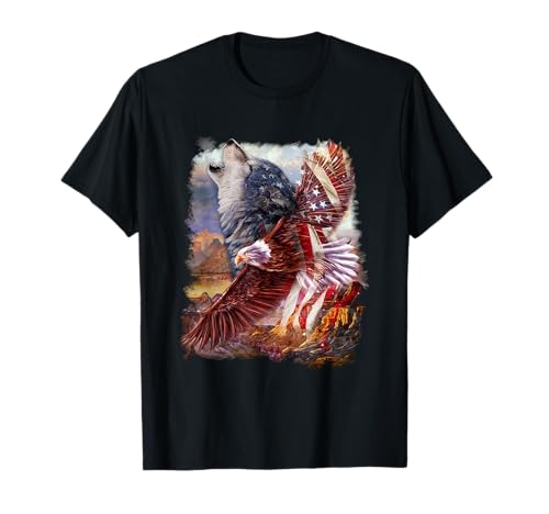 Wolf with Bald Eagle American Flag T-Shirt