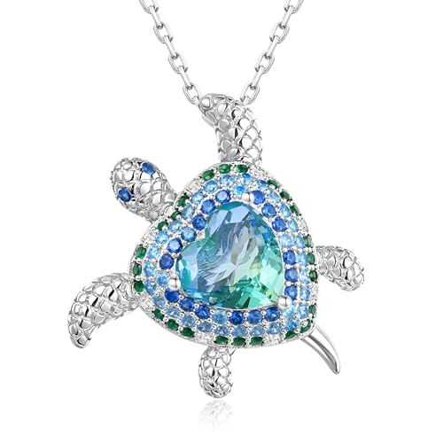 PAPAON Sea Turtle Pendant Necklace - Heart-Shaped Ocean 925 Sterling Silver Blue-Green Tourmaline Jewelry for Women, ideal Gift for Holidays and Special Occasions