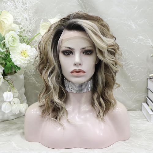 IMSTYLE Synthetic Lace Front Wigs: Brown Highlight Ash Blonde Wig, Short Bob Curly Wigs Synthetic Hair 16 Inches Wig Free Part with Natural Hairline Shoulder Length for Women (Blonde Brown)