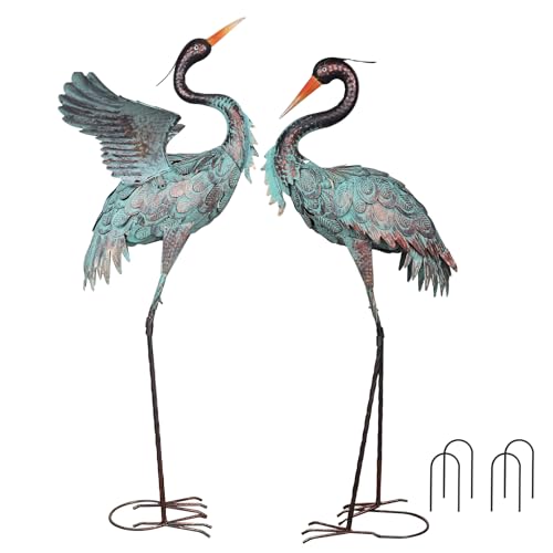 YEAHOME Garden Decor Outdoor Statues, 38"/36" Large Metal Heron Standing Yard Art, Blue Crane Lawn Sculptures Garden Decor for Outside Patio Porch Backyard, Set of 2