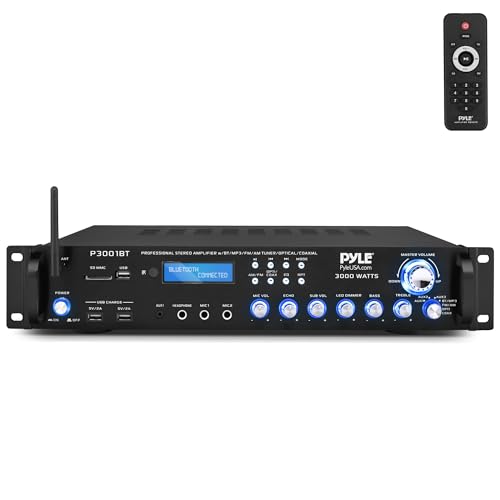 Pyle 3000W Multi-Channel Bluetooth 5.0 Wireless Streaming Power Amplifier - Rack Mount - Stereo Receiver w/ FM Radio - USB/SD - Dual Mic w/ Echo - RCA - Headphone - LED Display - Cooling Fan - P3001BT