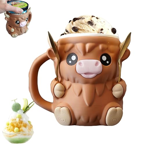 2025 New Ice Cream Pint Holder, Cow Ice Cream Pint Holder, with Antifreeze Handle and Two Spoons, Gift for Cream Lovers (Brown)