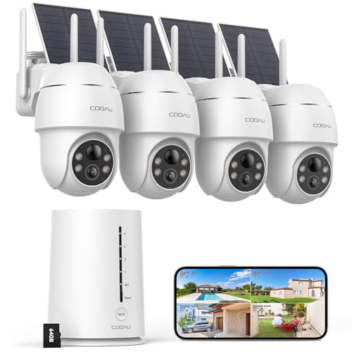 COOAU Cameras for Home Security Outdoor,4MP Solar Security Camera Wireless System,4 Cam-Kit,360° Pan & Tilt,Color Night Vision,Motion Detection,No Monthly Fee,Siren Alarm,IP66,64GB Memory Card