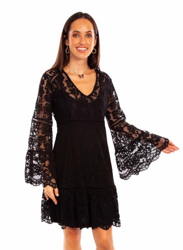 Scully Women's Lace Crochet Long Bell Sleeve Mini Dress Black Medium US