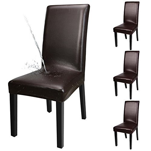 YISUN Dining Chair Covers, Solid Pu Leather Waterproof and Oilproof Stretch Dining Chair Protector Cover Slipcover (Deep Coffee, 4 Pack)