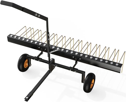 YINTATECH 60in Tow Behind Pine Straw Rake, Steel Lawn Tractor Rake Fit for ATV, 24 Tines, Black&Gold