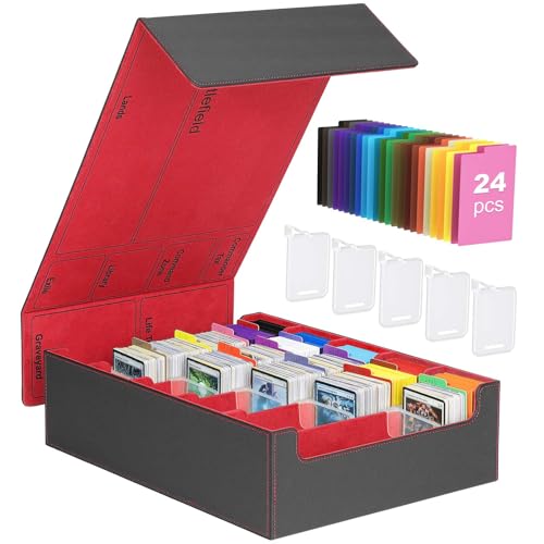 MoKo Trading Card Storage Box, 3800+ MTG Deck Box with 24 Colorful Dividers & 5 Card Supporters, 5 Row Commander Card Deck Box Fits for Magic Game Cards, YugiOh, TCG, PTG and Sport Cards, Black Red