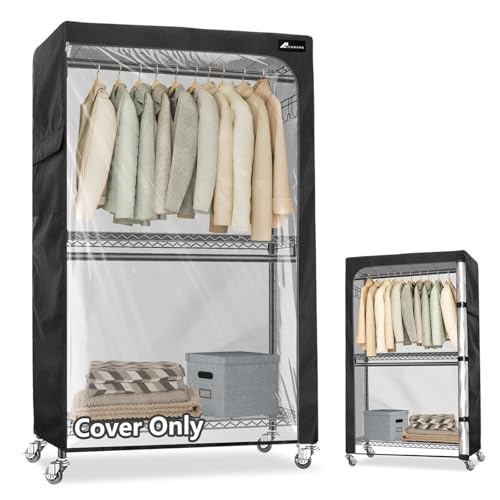 Alickwang Garment Rack Cover,Heavy Duty 600D Durable Dustproof Waterproof Clothing Rack Cover with Zipper,45"Wx17.7"Dx80.3"H Clear Front Clothes Rack Covers (Cover Only)