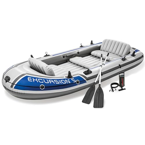 Intex Excursion 5 Person Inflatable Boat, Water Fishing River Raft Set w/ Oars - Large 1,300 Lb Capacity Portable Blow-Up 5 Seater Raft for Adults