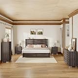 Albott 5 Piece Farmhouse Bedroom Set, Including Queen Bed Frame with Headboard, 6 Drawer Dresser & 5 Chest of Drawers, 2 Nightstands with Charging Station for Bedroom, Rustic Grey