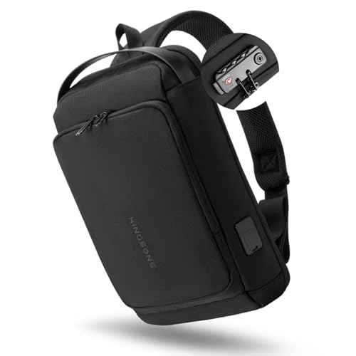 Kingsons Anti-theft Sling Backpack with Lock& Charger for Men, Small Black Casual Crossbody Bag, Mini Lightweight Chest Ipad Daypack for Travel Cycling Hiking