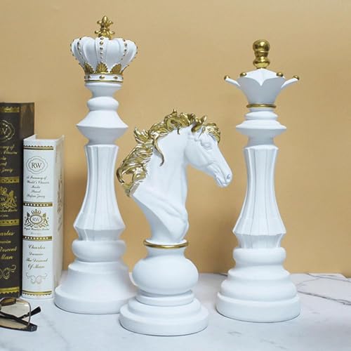 Large Chess Statue, King Queen Knight Resin Sculpture Ornament Collectible Chess Figurine Decor, Game Figure for Home House Decoration Office Desk Wine Cabinet Arrangement Gift (White 3pcs)