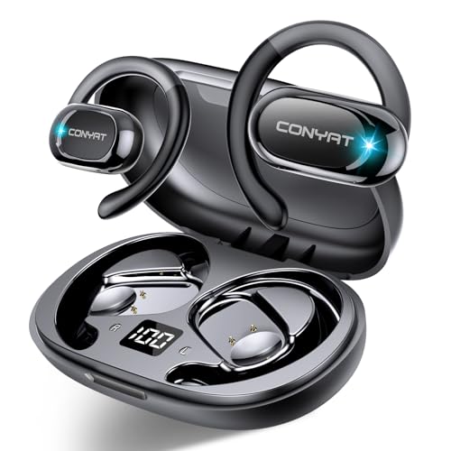 Conyat Open Ear Headphones, Wireless Bluetooth 5.4 Earbuds with Big Earhooks, Ultra-Comfort Open Ear Earbuds, 58 Hours HD Stereo Sound Over Ear Earphones, IP7 Waterproof Headset for Workouts, Black