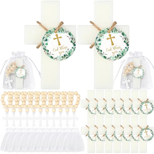 Swiffen 96 Pcs Cross Soap Baptism Favors Set Include 24 Scented Soap Favors 24 Wooden Rosary 24 Bags and 24 Cards Baby Baptism Favor for Baby Shower Christening Favors Guests First Communion Gifts