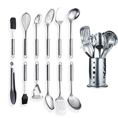 Berglander Cooking Utensil Set 13 Piece Stainless Steel Kitchen Tool Set with Holder, Include Cooking Spoon, Spatula, Whisk, Cooking Tong and etc. (13 Pieces)
