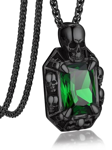 Bandmax Black Green Necklace for Men Skull Pendant Chain Necklace Stainless Steel Women 's Green Crystal Stone Necklace Witch Pegan Protection Amulet Jewelry