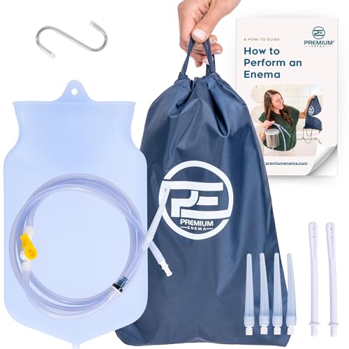 PE Premium Enema Clear Silicone Enema Bag Kit - 2 Quart, Reusable for Coffee & Water Colon Cleanse - 6.75 Foot Long Hose, 7 Tips Included. Detox for Men and Women.