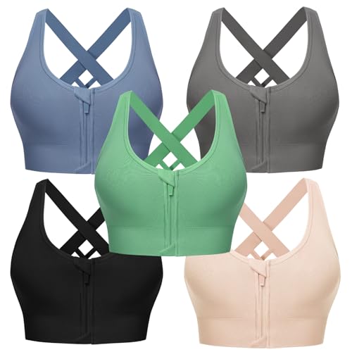 Sykooria Front Closure Sports Bra for Women 5 Packs High Impact Front Zipper Workout Bra Nude Push Up Support Sport Bras