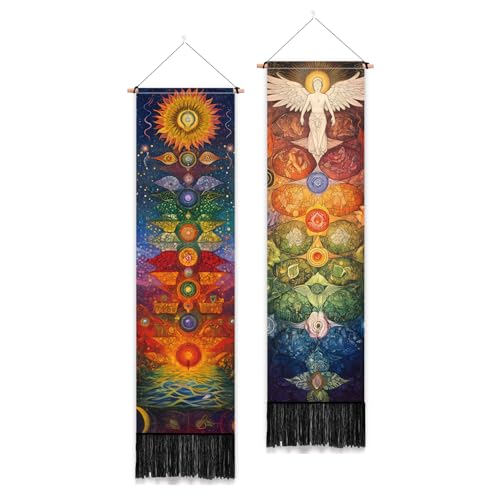 PLIGREAT 2 Pack Chakra Tapestry Meditation Long Tapestry with Tassels Aesthetic Wall Hanging for Bedroom Bathroom Living Room Dorm Room Long Narrow Wall Hanging Home Office Art Decor