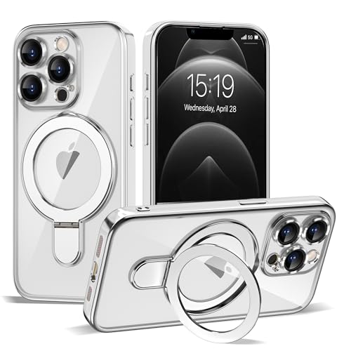 ETPESOK Compatible with iPhone 12 Pro Case with Invisible Magnetic Ring Stand [Compatible with Mag-Safe] [Full Camera Lens Protector] Plating Clear Phone Case for iPhone 12 Pro 6.1", Silver