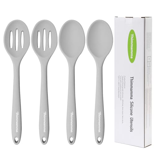 Silicone Spoon, Nonstick Kitchen Silicone Slotted Solid Spoons for Cooking Dishwasher Safe for Nonstick Cookware, Heat Resistant Grey Silicone Serving Spoon BPA Free for Mixing Stirring