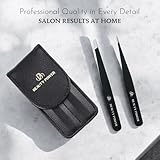 Beauty Power Professional Tweezers Set – Slant & Point, Ultra Precision German Stainless Steel Tweezers for Eyebrows, Chin, Ingrown Hair & Facial Grooming – Lightweight with Travel Case (Matte Black)