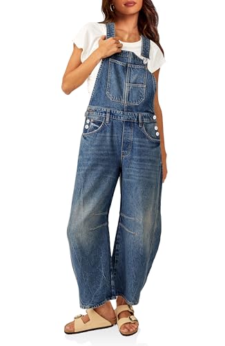 PLNOTME Womens Denim Bib Overalls Barrel Leg Adjustable Strap Jean Pants Jumpsuits with Pockets