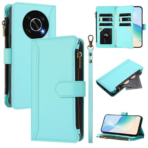 CWEIYUSHU Cover Compatible with Honor X9 (5G / 4G),Compatible with Honor X30 5G [with Hand Strap] Zipper Dual Slot Phone Case Green2