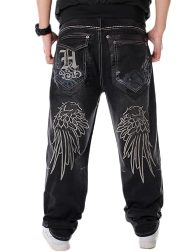 Y2k Skateboard Pants Hip Hop Embroidered Jeans Men Baggy Denim Jeans Vintage Graphic Relaxed Loose Fit Cargo Black Trousers