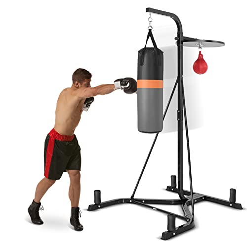 GYMAX Punching Bag with Stand Adult, Freestanding Boxing Machine with Height Adjustable Speed Ball & Sandbag, Filled Heavy Punching Bag for Adults, Kickboxing Bag for Training MMA Muay Thai (Black)