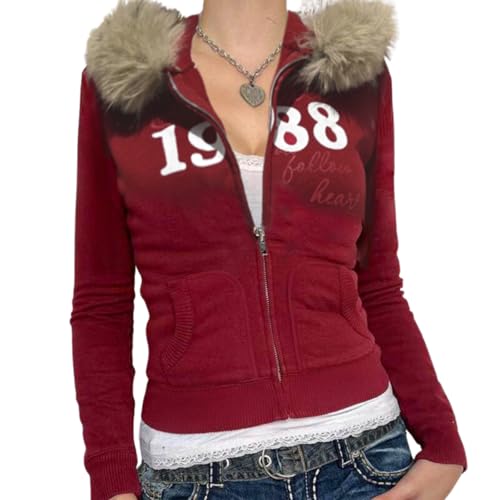 Hesaco Y2k Zip Up Hoodie Fur Hooded Jacket Graphic Hoodie Grunge 2000s Clothing for Women Crop Winter Coats Streetwear (Red,Small)