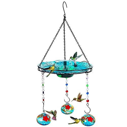 HEADAK LIFE Hummingbird Feeder and Bird Bath for Outdoors 2-in-1 for Small Birds - Hummingbird Bath Fountain with 3 Red Feeder Pots - Hanging Solar Bird Bath Fountains NY1-FN04