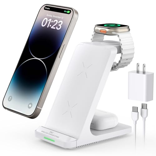 Wireless Charging Station, 3 in 1 Fast Wireless Charger Stand for Multiple Devices Apple Watch Ultra Series 10 9 8 7 6 SE 5 4 3 2, iPhone 16 15 14 13 12 11 Pro Max/Plus/Mini/X/XS/Max/XR/SE, Airpods